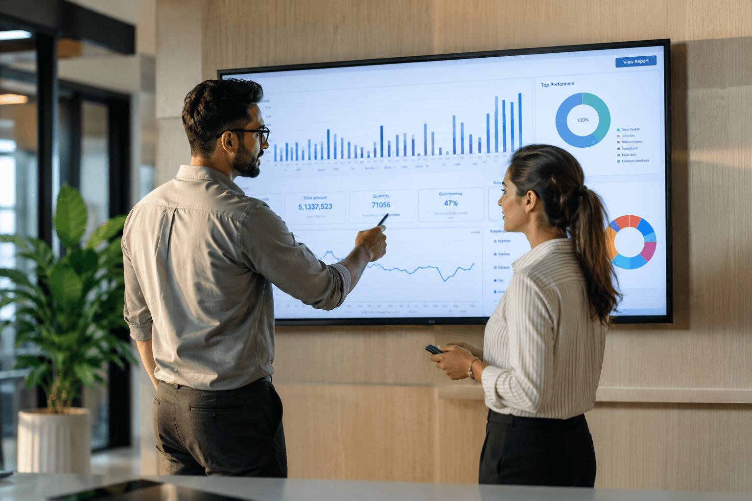 Business team reviewing analytics dashboard during Zoho implementation