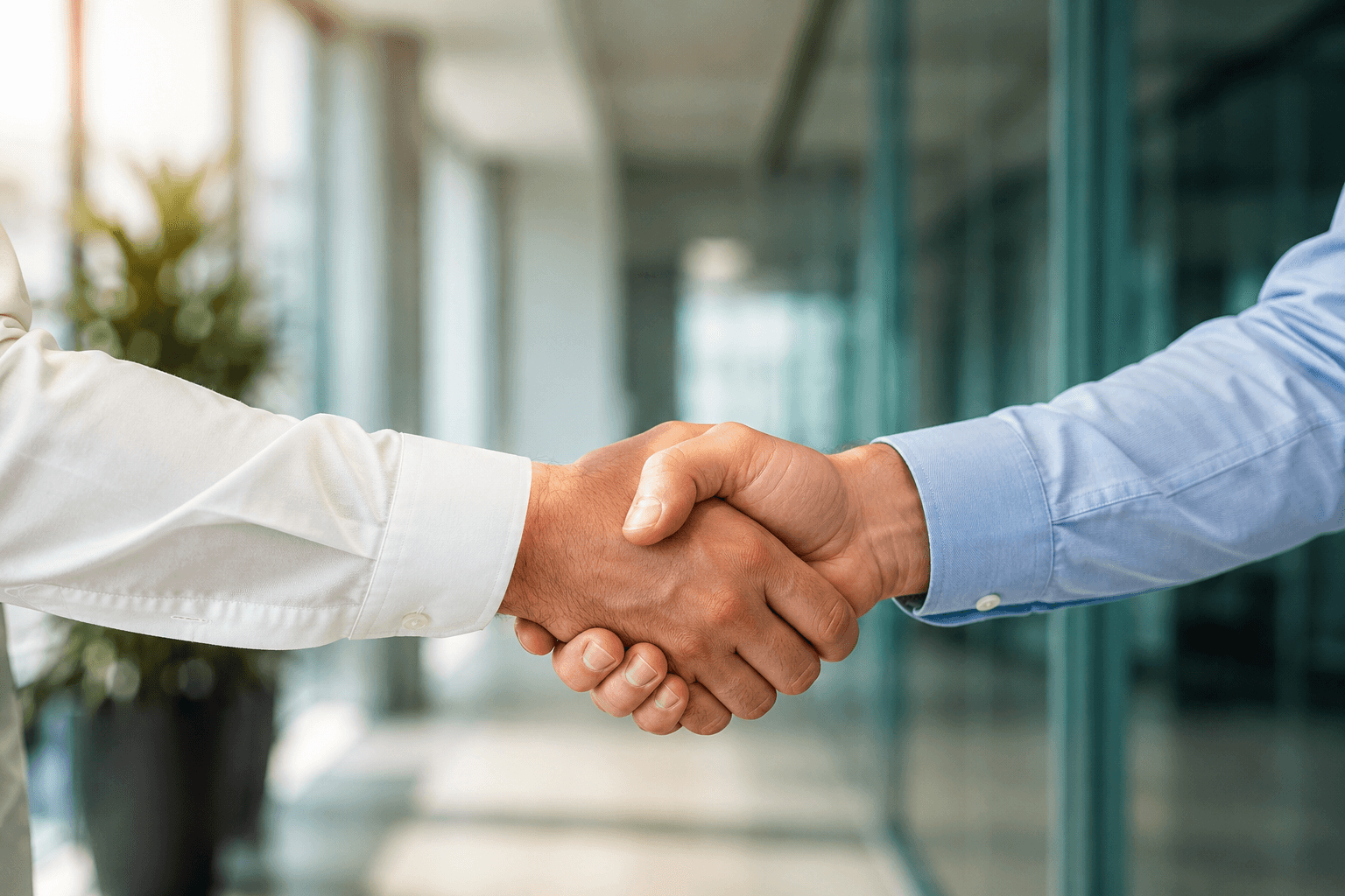 Professional business partnership handshake in a modern office environment