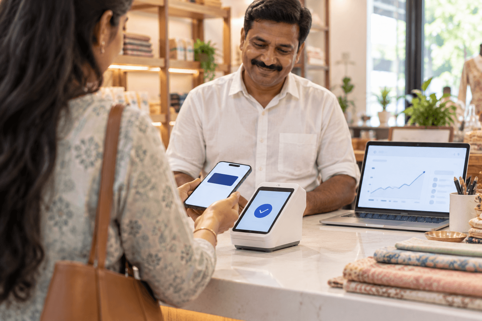 A store owner checking a card terminal while a customer holds up an iPhone to pay