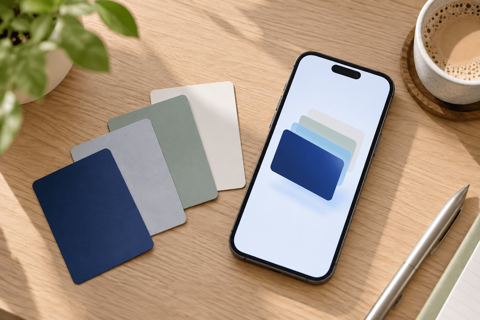 Several credit cards fanned out on a desk beside an iPhone showing a wallet screen