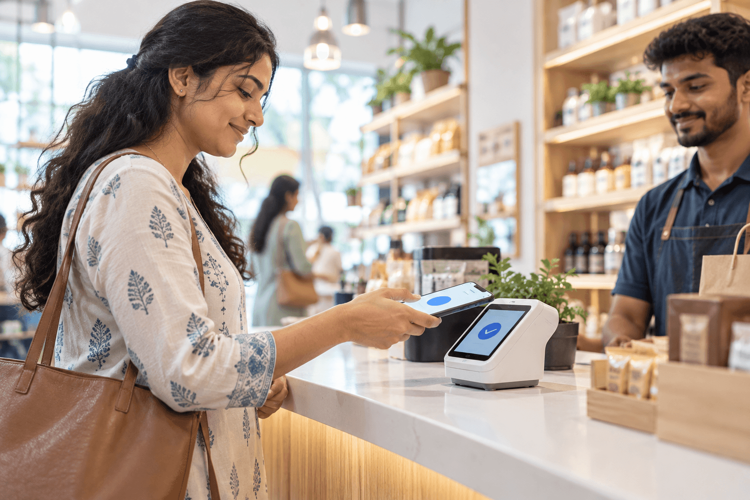 A shopper paying with an iPhone at a contactless card terminal in an Indian store