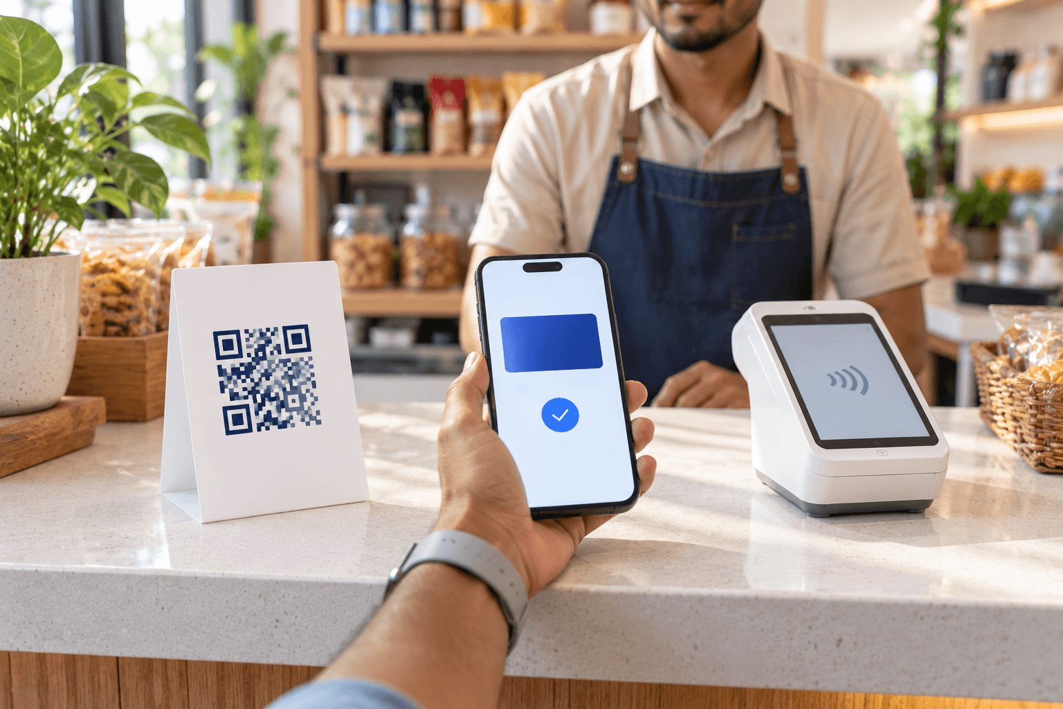 A shop counter with a UPI QR code stand beside a contactless card terminal