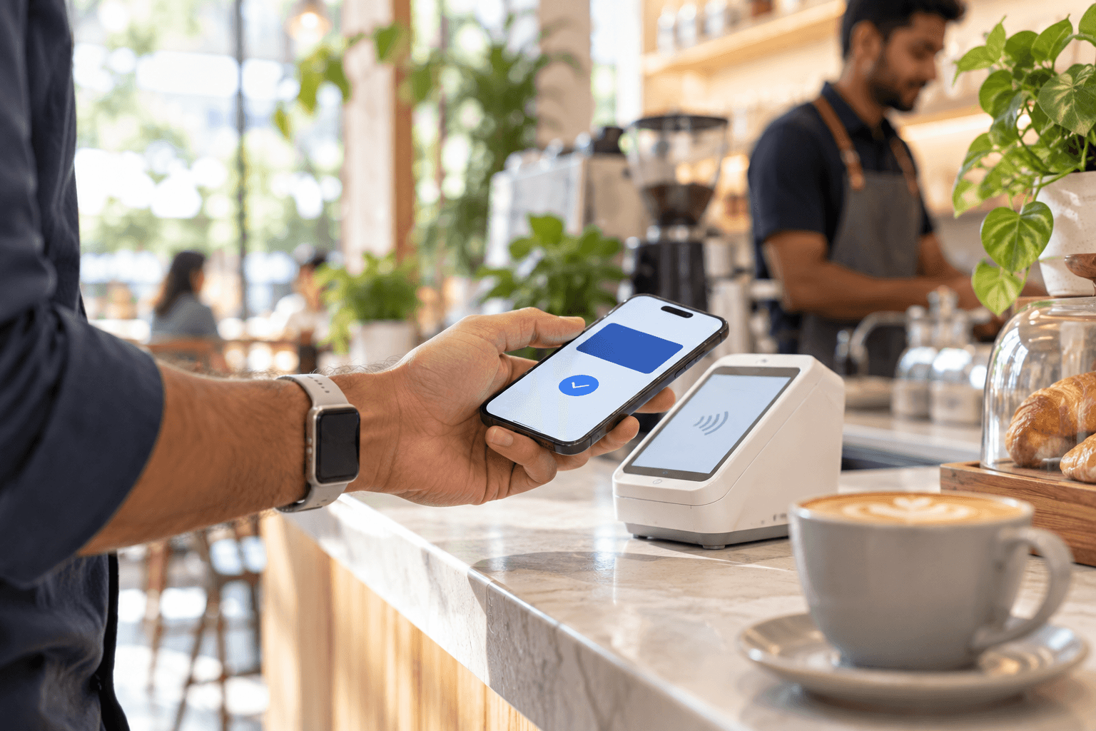 A hand holding an iPhone near a contactless terminal with an Apple Watch on the wrist