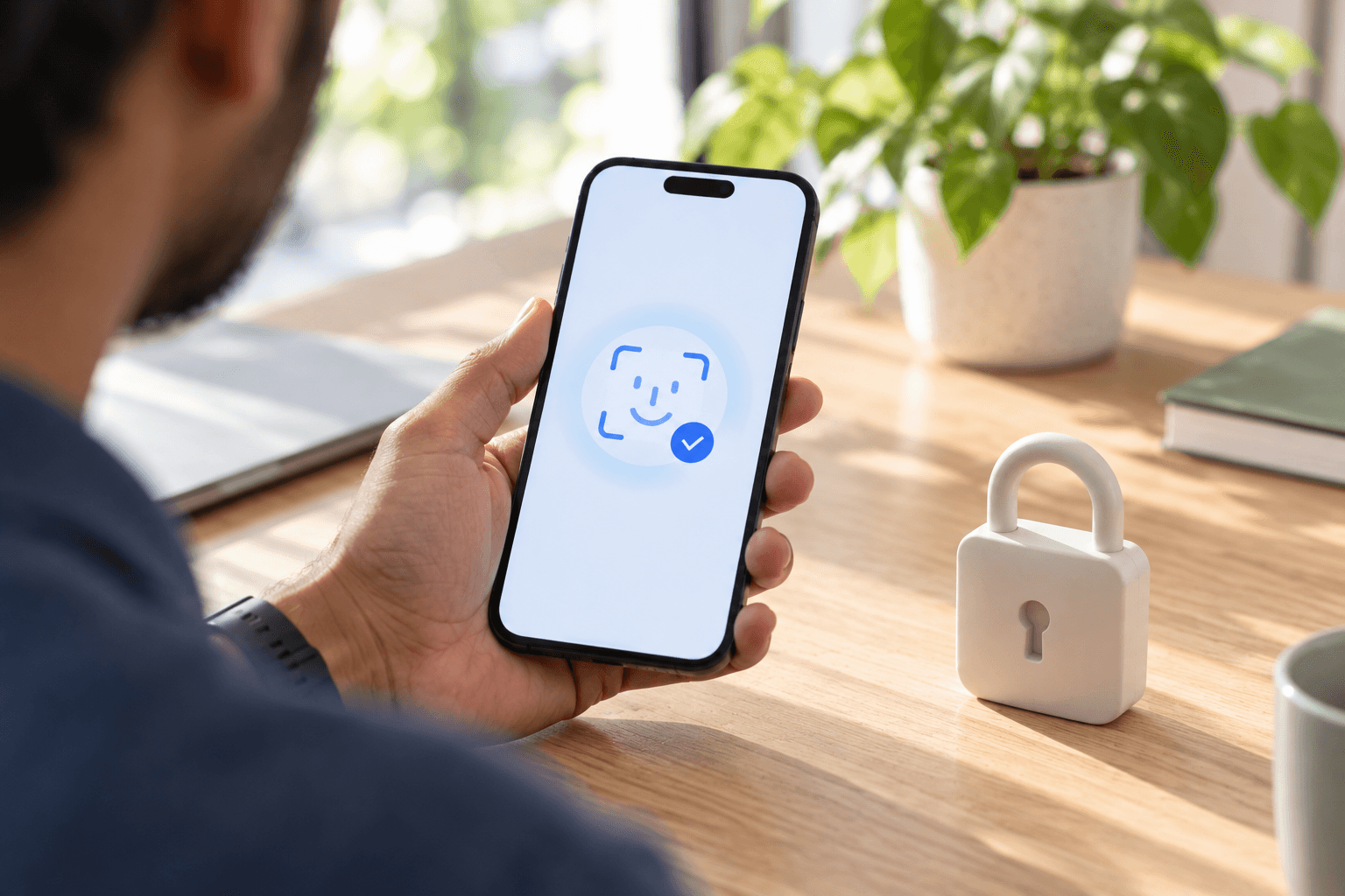 An iPhone showing a Face ID prompt over a payment screen, with a padlock icon nearby