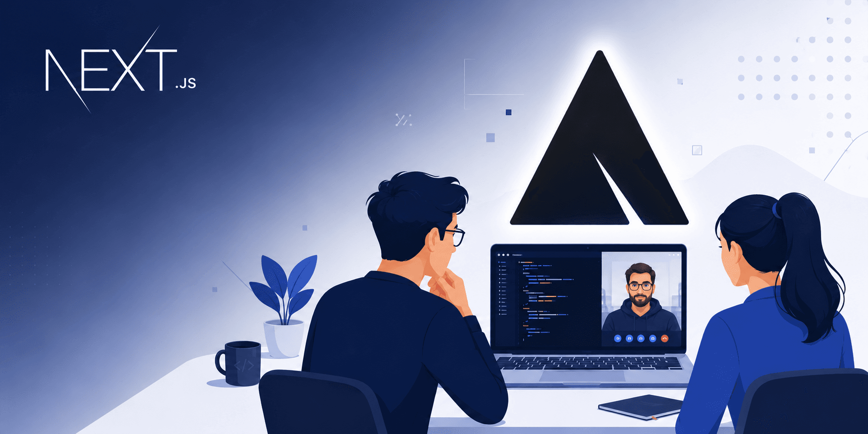 Illustration of two developers preparing for a Next.js interview with a code editor and Next.js logo in the background