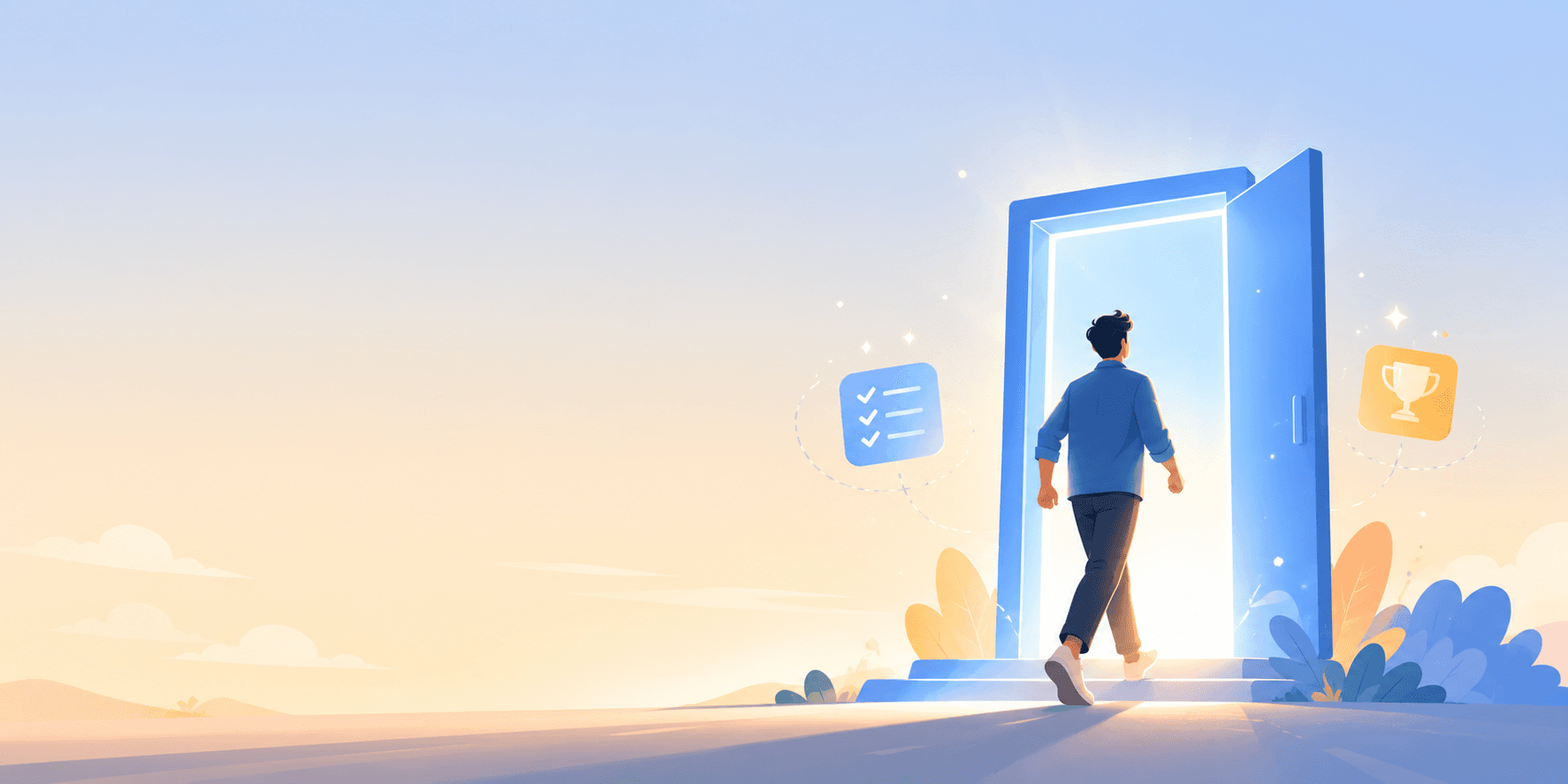Illustration of a developer confidently walking into a successful Next.js job interview
