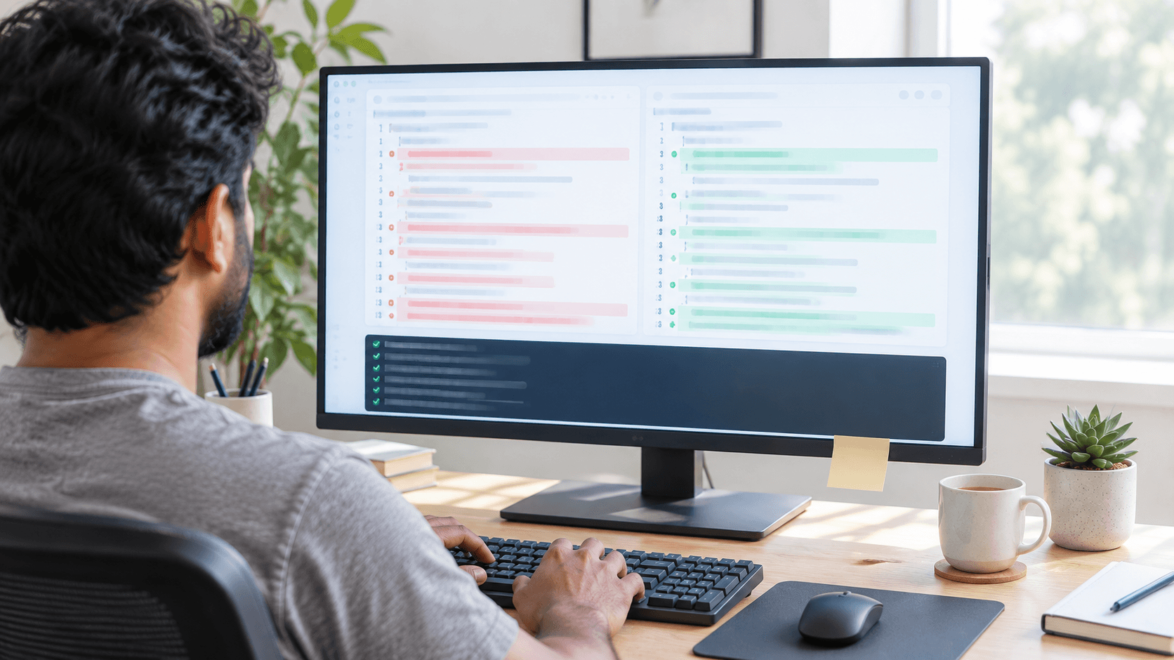 A code editor showing a red and green diff with passing checks in the terminal below