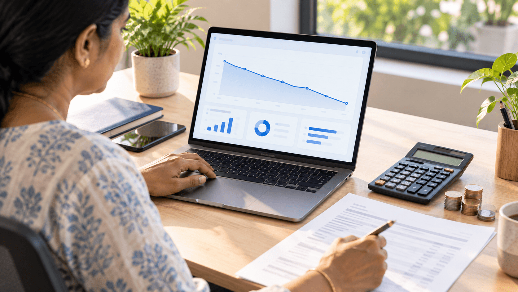 A business owner reviewing a falling cost chart on a laptop beside a calculator and a stack of coins