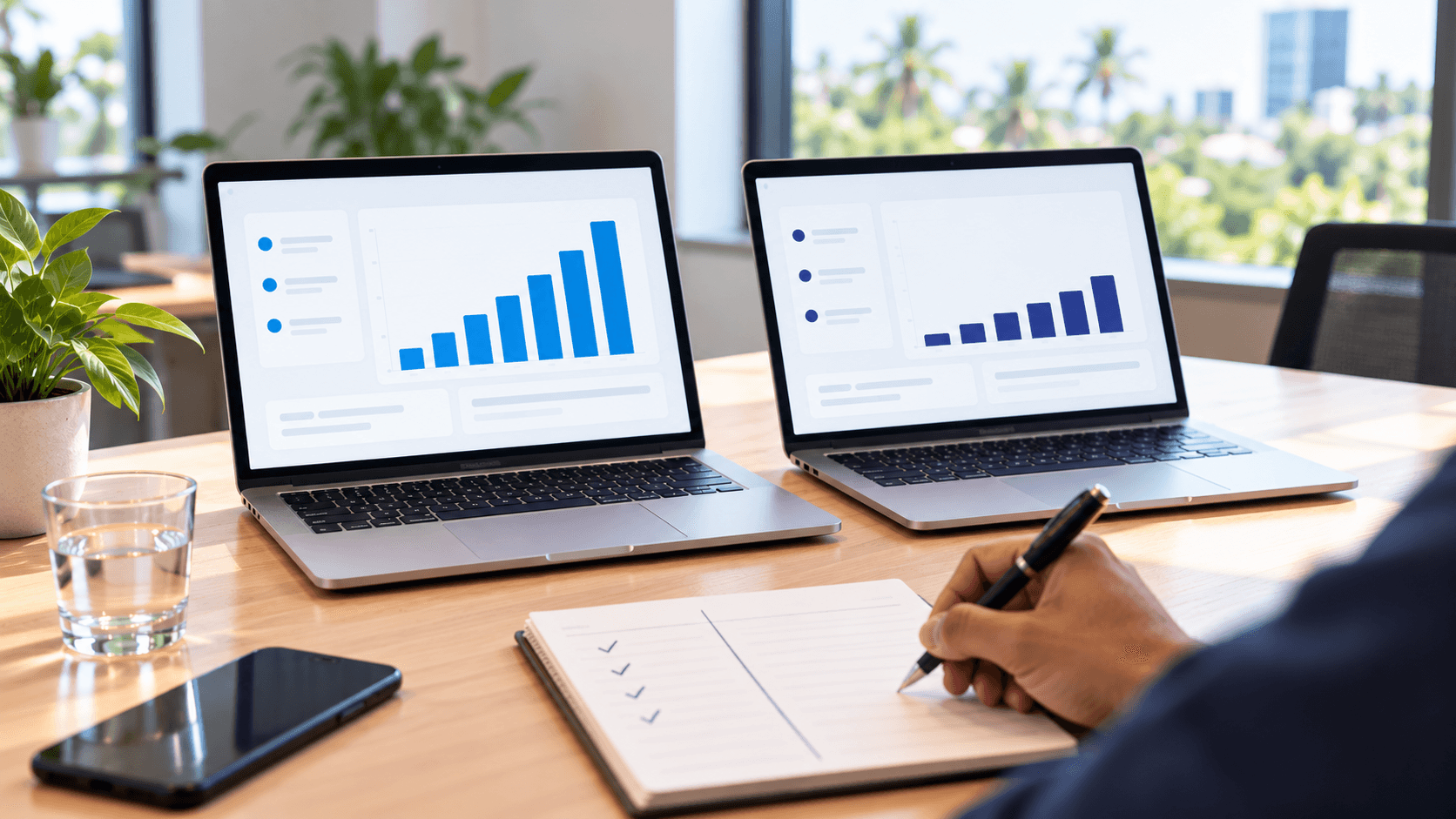 Two laptops side by side comparing bar charts, with a notebook of tick marks in front