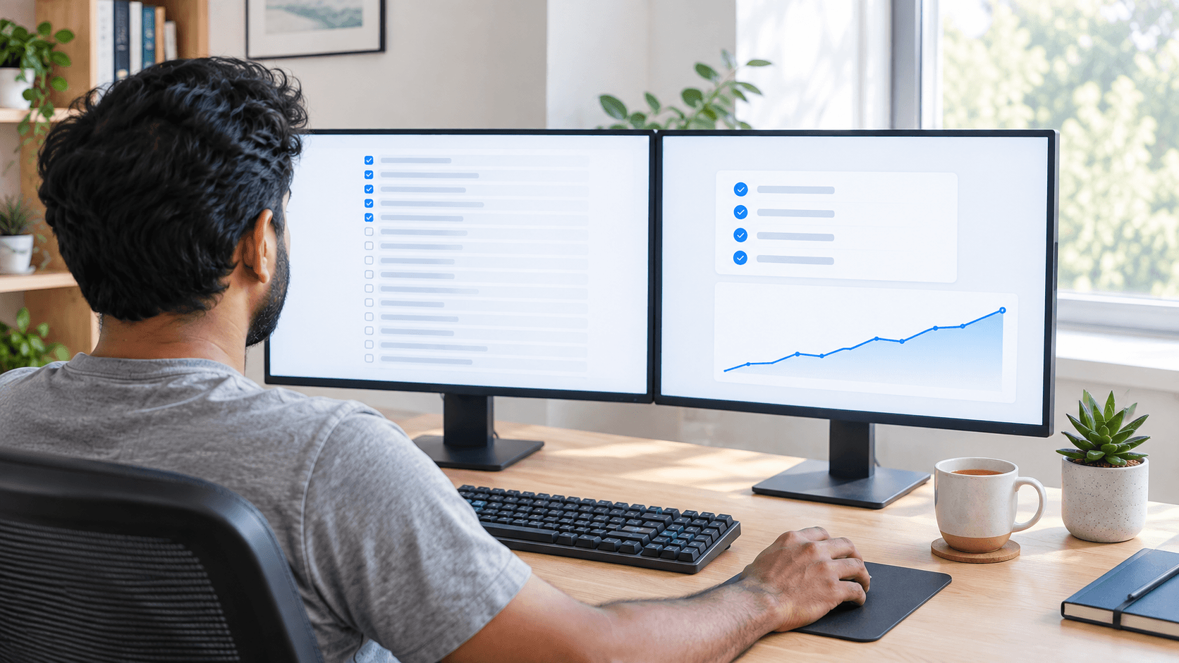 A developer comparing a long task list with a shorter completed one across two monitors