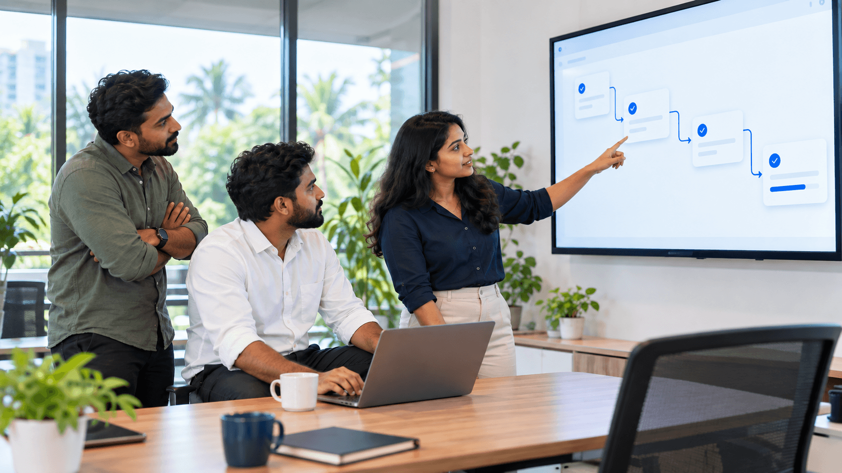 A software team reviewing an AI agent workflow on a large office monitor