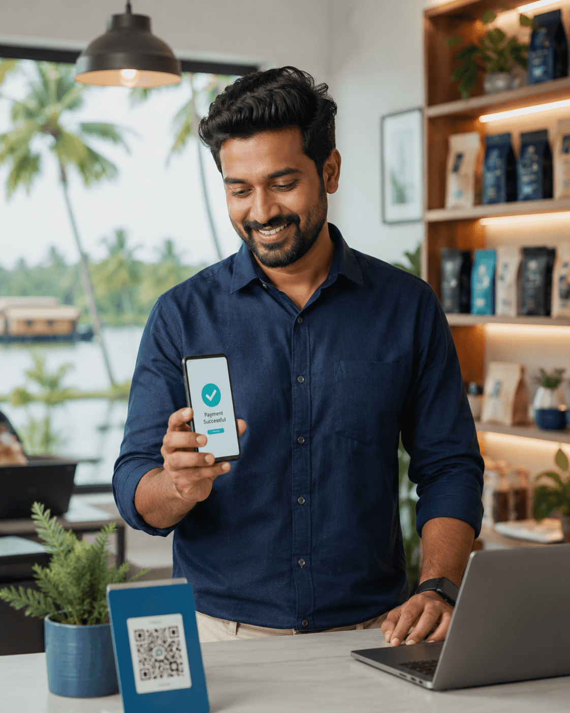 Business owner accepting a digital payment through Razorpay on a phone