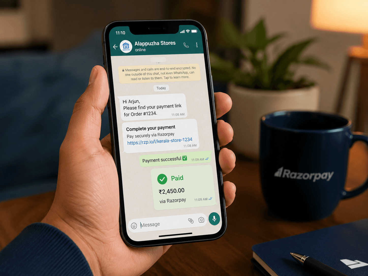 A Razorpay payment link being sent to a customer over WhatsApp