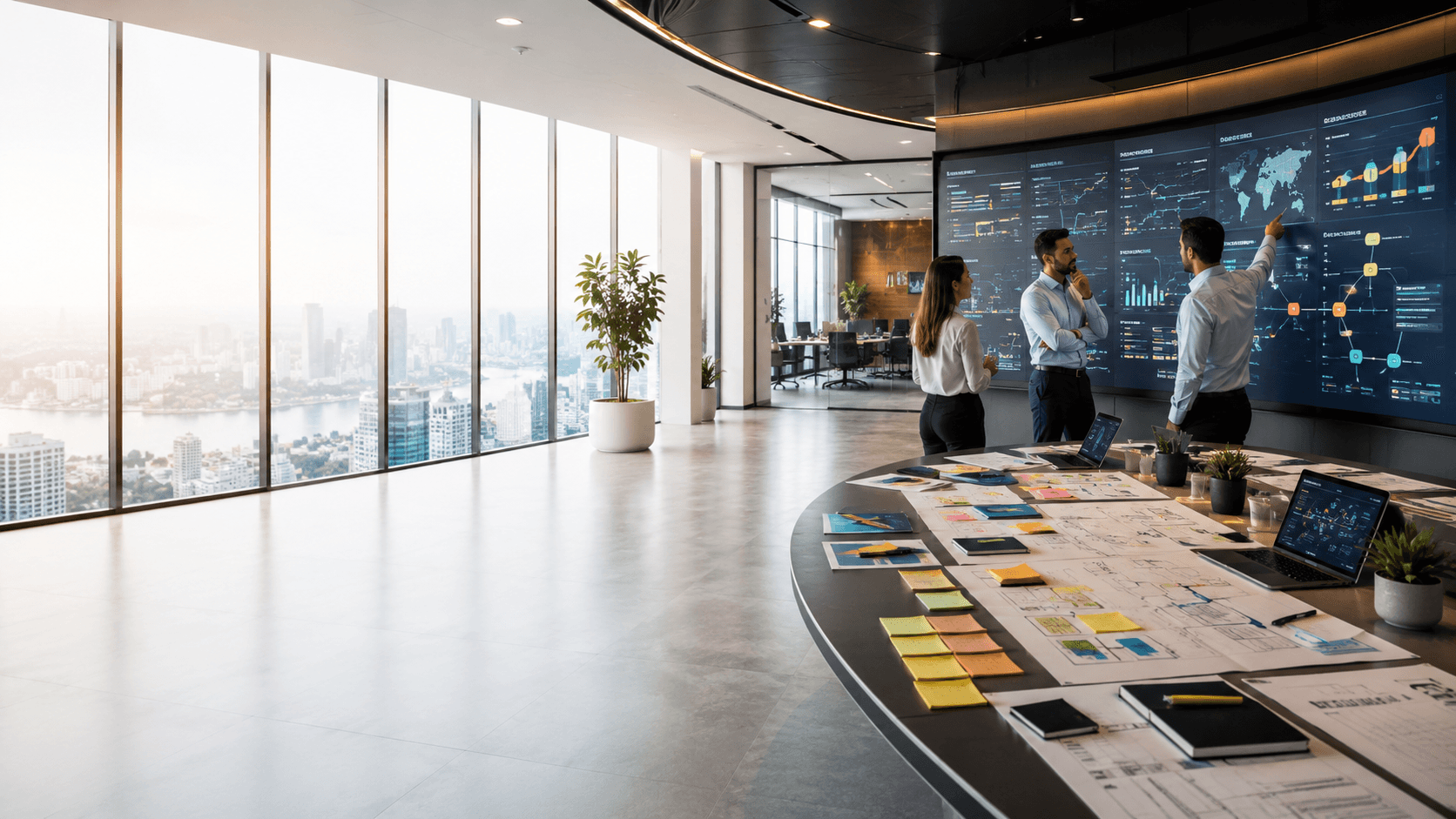 Business consultant presenting Zoho system architecture plan to a corporate team in Dubai Business Bay