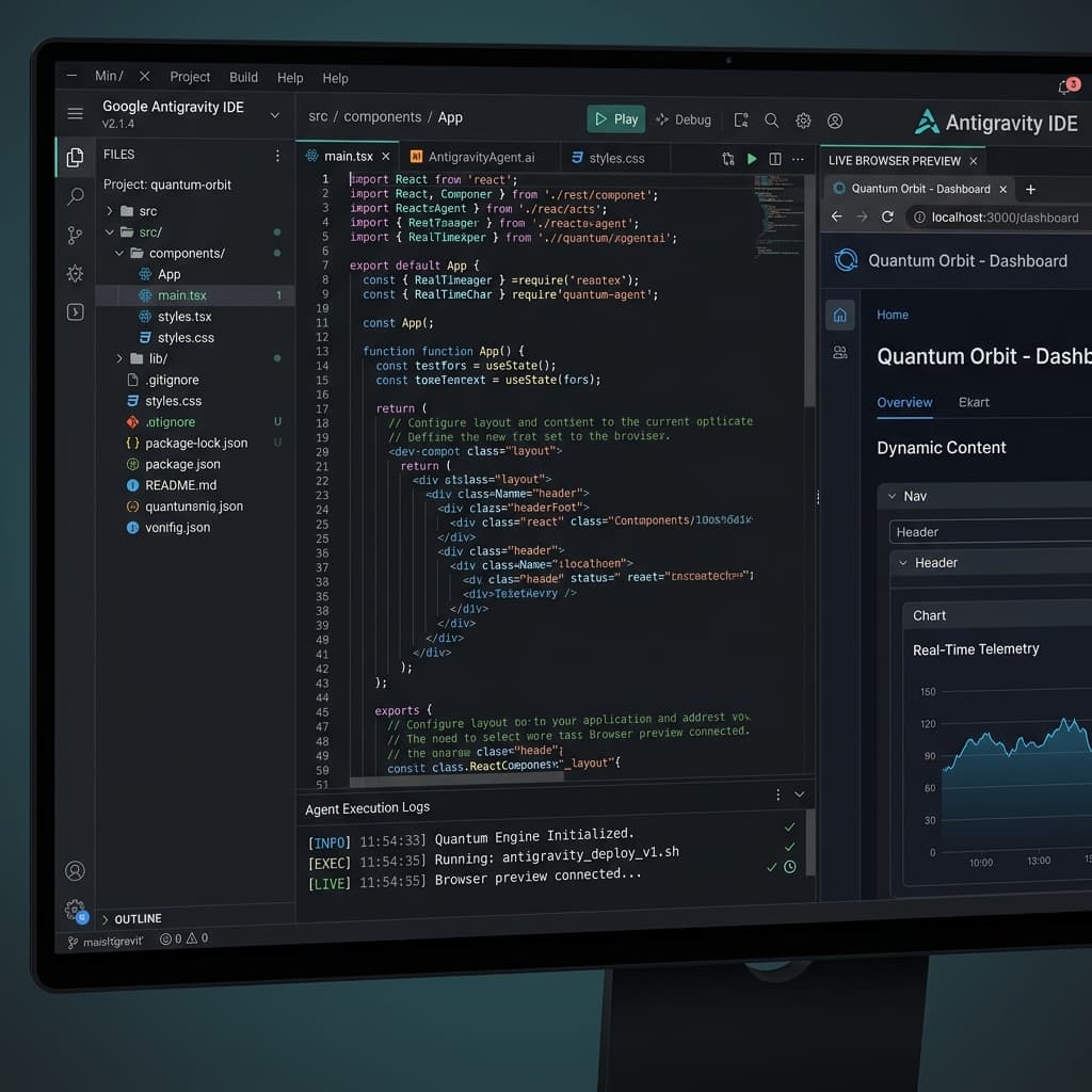 The visual panel layout of the Google Antigravity IDE showing workspace folders, agent logs, and live preview