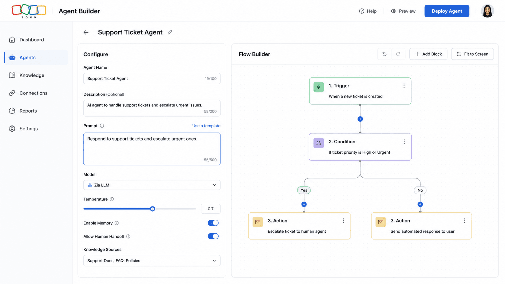 Zia Agent Studio no-code interface for building custom AI agents with prompt-based configuration