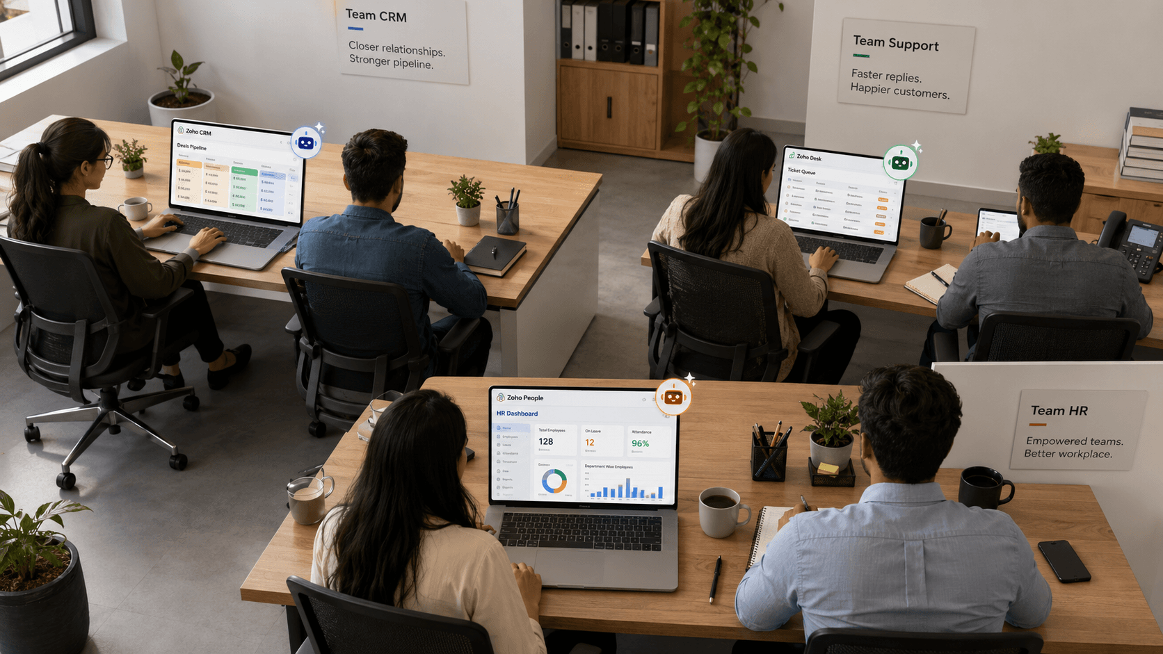 Business teams using Zoho AI agents for automated sales, support, and operations workflows