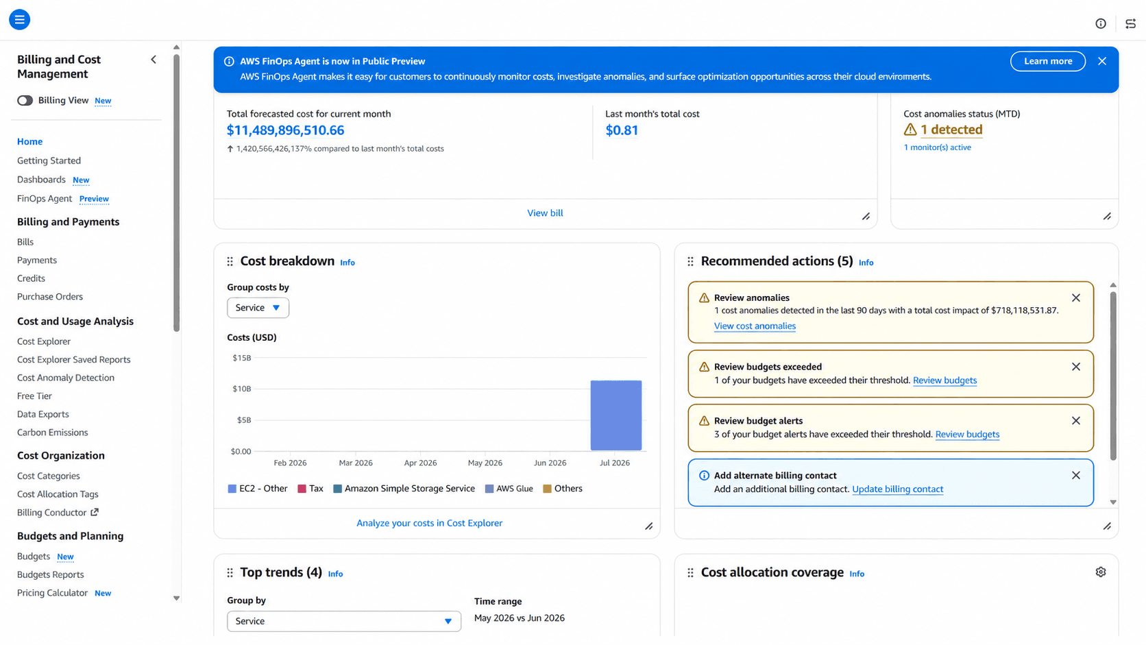 Abstract cloud billing dashboard displaying an impossibly large trillion-dollar figure representing the AWS billing glitch