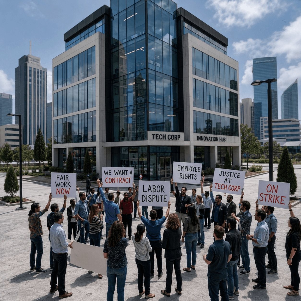 Illustration of tech workers gathered outside an office representing a corporate labor dispute