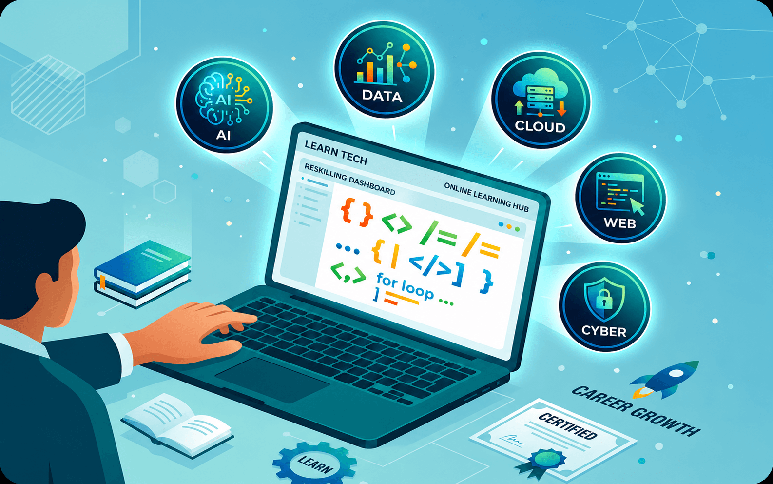 Illustration of digital training showing reskilling and cloud learning paths