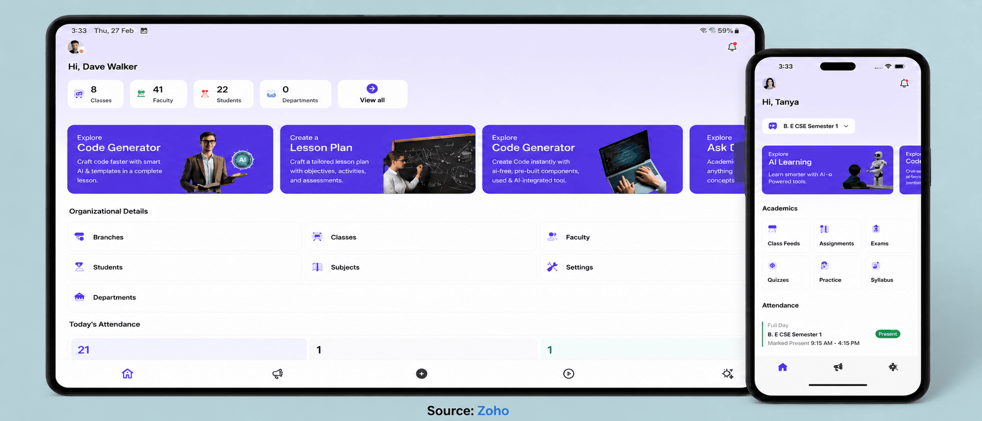 Zoho Classes 2.0 AI learning management system concept showing digital education in Indian classrooms