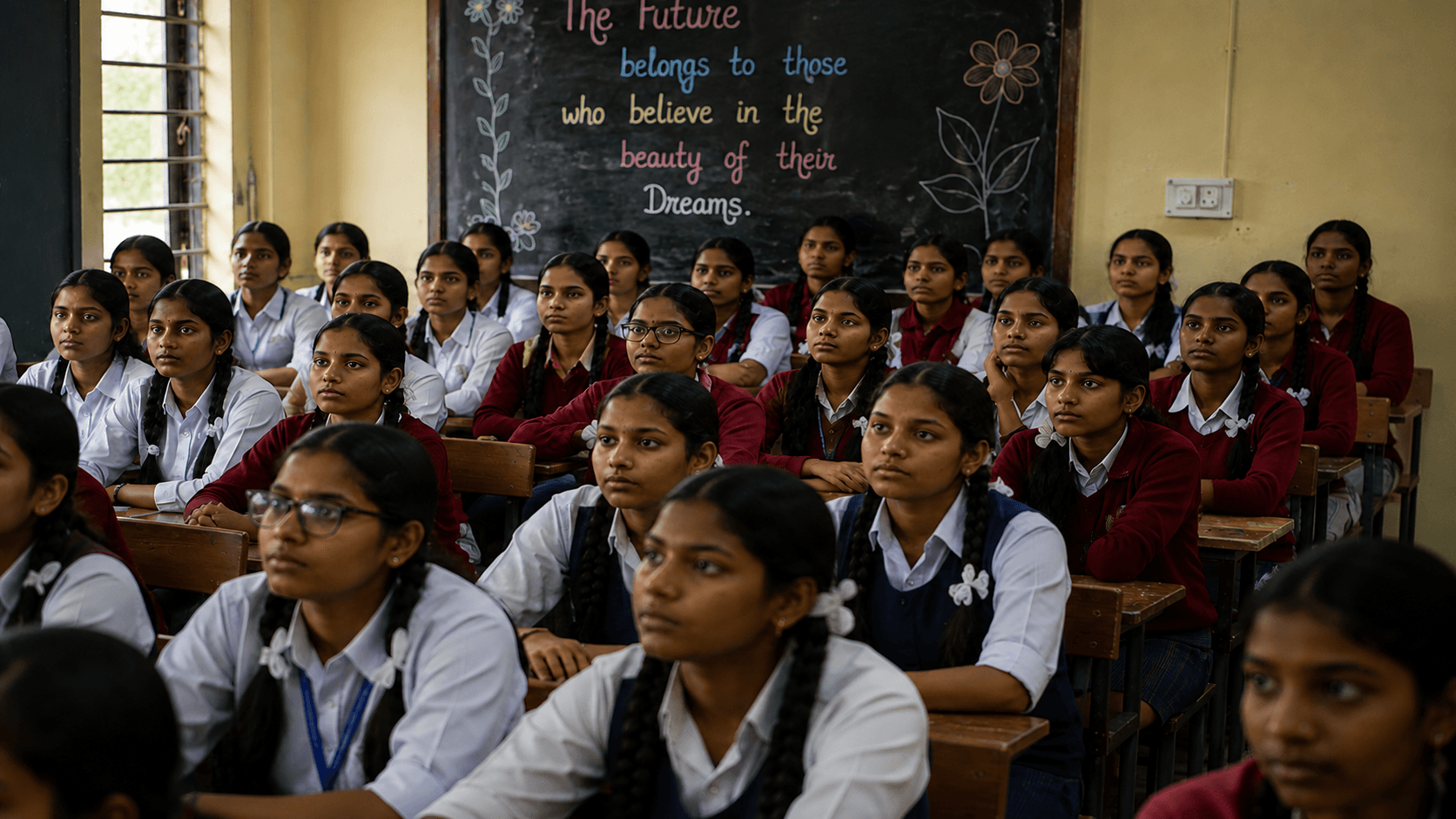 Students and teacher using an AI education platform in an Indian government school classroom