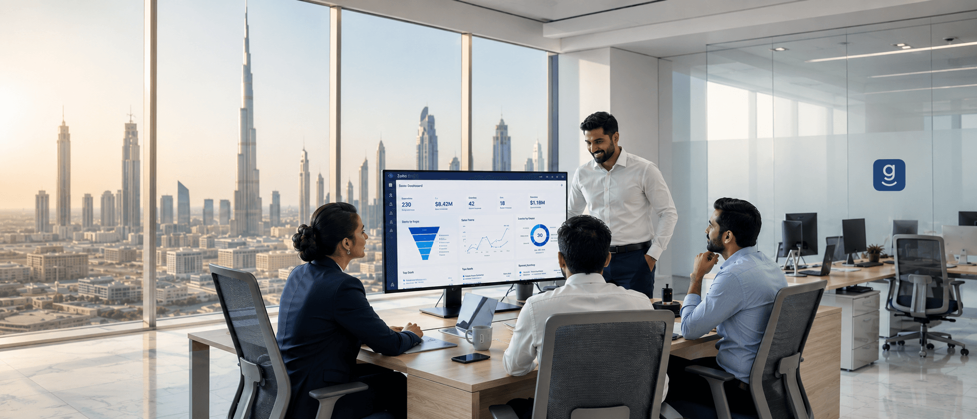 Corporate modern workspace representing Tech Geum's Zoho development team executing migrations and audits