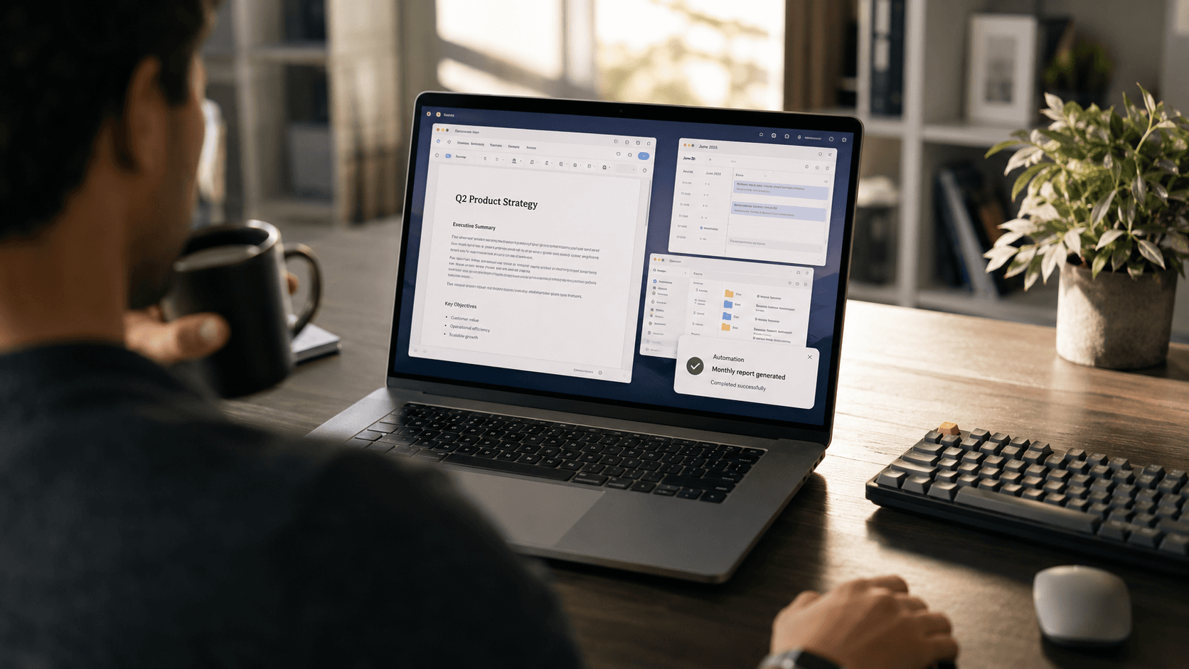 Claude Cowork desktop agent executing a multi-step automated workflow with connected business tools visible
