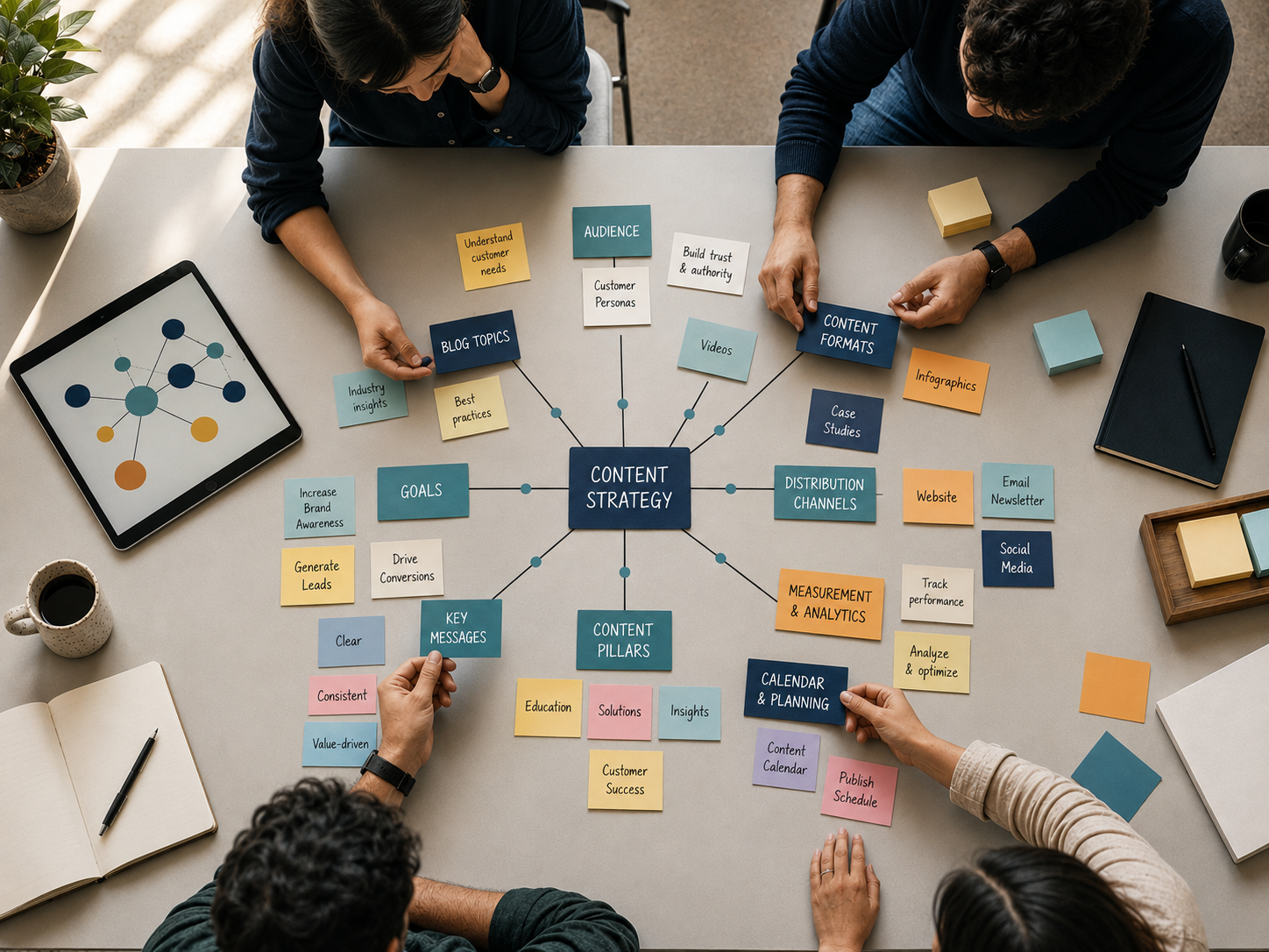 Marketing team mapping a content cluster strategy with topic cards arranged in a hub-and-spoke pattern